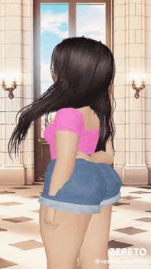 a girl in a pink top and blue shorts stands in front of a window