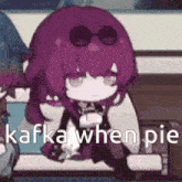a cartoon girl with purple hair and sunglasses is sitting on a bench with the words `` kafka when pie '' .