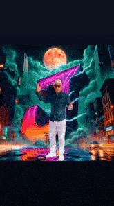 a man is dancing in front of a neon sign that says j