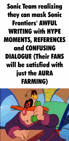 sonic team realizing they can mask sonic frontiers ' awful writing with hype moments , references and confusing dialogue