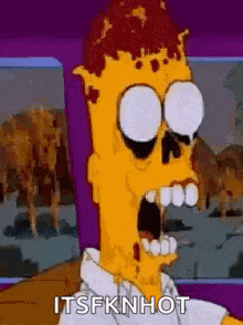 bart simpson is a cartoon character with a skull on his head and big eyes .