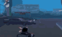 a man is holding a gun in front of a purple car in a video game with a purple car in the background