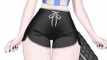 a drawing of a woman wearing shorts and a blue and white top