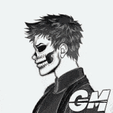 a black and white drawing of a man with a skull face