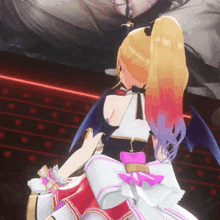 a girl with a ponytail and wings is wearing a white and red dress