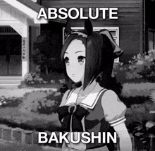 a black and white anime girl is standing in front of a building with the words `` absolute bakushin '' written above her .