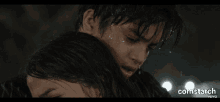 a man and a woman are hugging in the rain with cornstarch written on the bottom