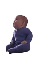 a baby in a blue outfit giving a thumbs up sign