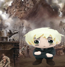 a stuffed toy of a boy with green eyes is in front of a painting of soldiers