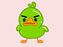 a green cartoon duck with a yellow beak is looking angry