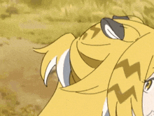 a close up of a cartoon character with yellow hair and a bird 's head on her head .