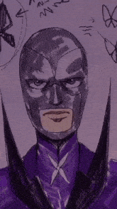 a blurry picture of a superhero wearing a purple mask and glasses .