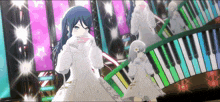 a girl in a white dress stands in front of a piano
