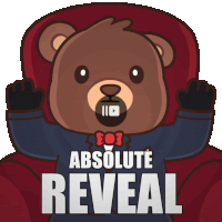 a teddy bear sitting in a chair with the words absolute reveal behind him