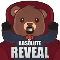 a teddy bear sitting in a chair with the words absolute reveal behind him