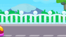 a cartoon illustration of a white fence and a road with a mountain in the background .