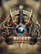 a logo with a pool ball and the word biggest