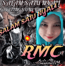 a woman in a blue hijab is on a poster that says salam satu nya