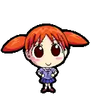 a pixel art drawing of a little girl with red hair and a purple dress .