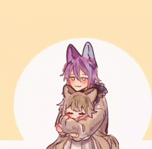 a girl with purple hair is hugging another girl