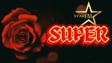 a red rose is behind the word super