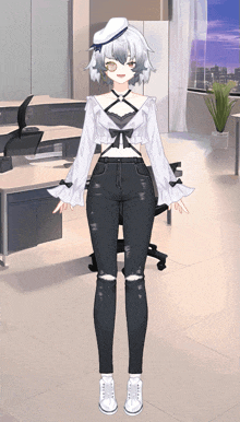 a girl in a white top and black jeans stands in a room