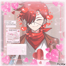 a picture of a boy with a bandage on his eye is surrounded by pink hearts and says picmix at the bottom