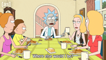 a cartoon of rick and morty sitting around a table