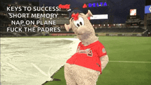 a mascot with the words keys to success short memory nap on plane fuck the padres at the top