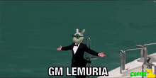 a cartoon character in a tuxedo is standing on a boat with the words " gm lemuria " on the bottom