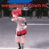 a cartoon girl is running down the street with the words wegging it down rn below her