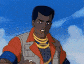 a cartoon of a man wearing a necklace and a vest