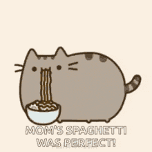 a cat is eating spaghetti from a bowl and saying `` mom 's spaghetti was perfect '' .