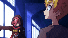 a girl with red hair is standing next to a boy