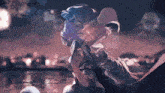 a girl in a white dress is holding an umbrella in front of fireworks