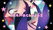 a cartoon drawing of a girl with the words " shamachiday " written in pink