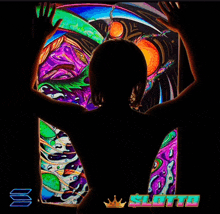 a silhouette of a person standing in front of a colorful painting that says sloto on it