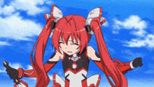 a red haired anime girl is holding a sword