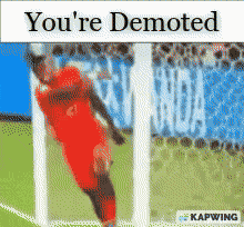 a picture of a soccer player with the words you 're demoted on the bottom