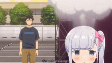 a man and a girl are standing next to each other and the girl is saying so embarrassing