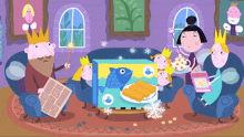 a group of cartoon characters are sitting around a table with a box that says ' princess ' on it