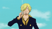 a man with blonde hair and a beard is smoking a cigarette in front of a blue sky