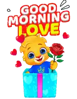 a cartoon bear is holding a rose in a gift box with the words good morning love behind him