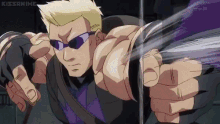 a cartoon of a man wearing sunglasses and a purple shirt with the word kissanime on the bottom right