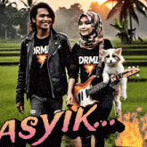 a man and a woman holding a guitar with the word asyik written on the bottom