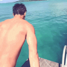a shirtless man is standing on a dock looking out over the ocean