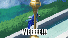 a video game character is standing next to a pole that says " weeeee "