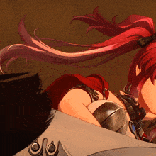 a close up of a girl with red hair and a sword