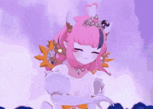 a cartoon girl with pink hair and a crown on her head is standing in front of a blue background .