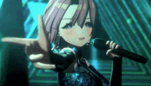 a girl is singing into a microphone in a dark room